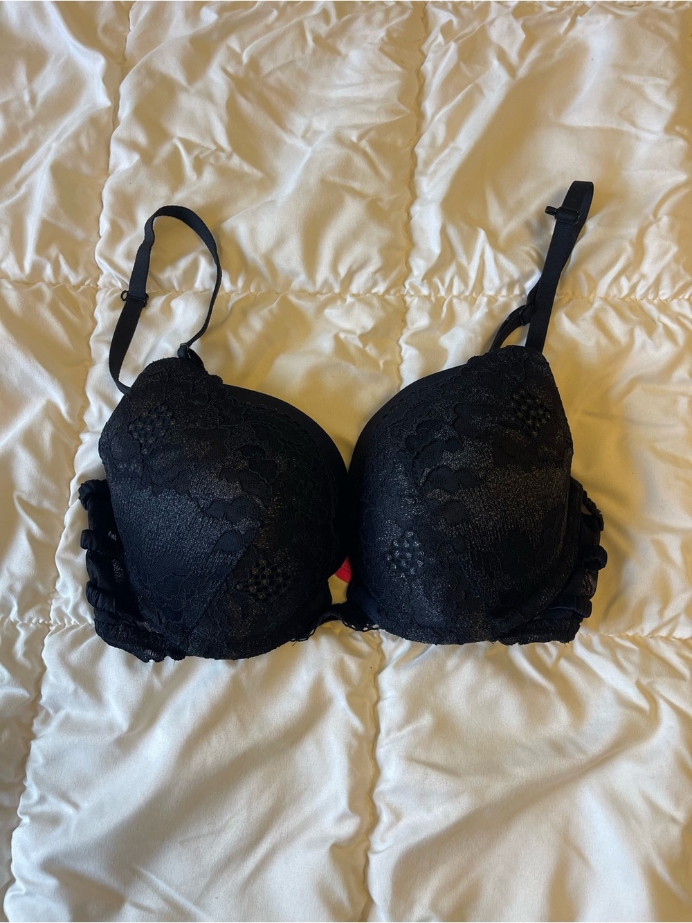 Black Lace Push-Up Bra with Ruffle Sides